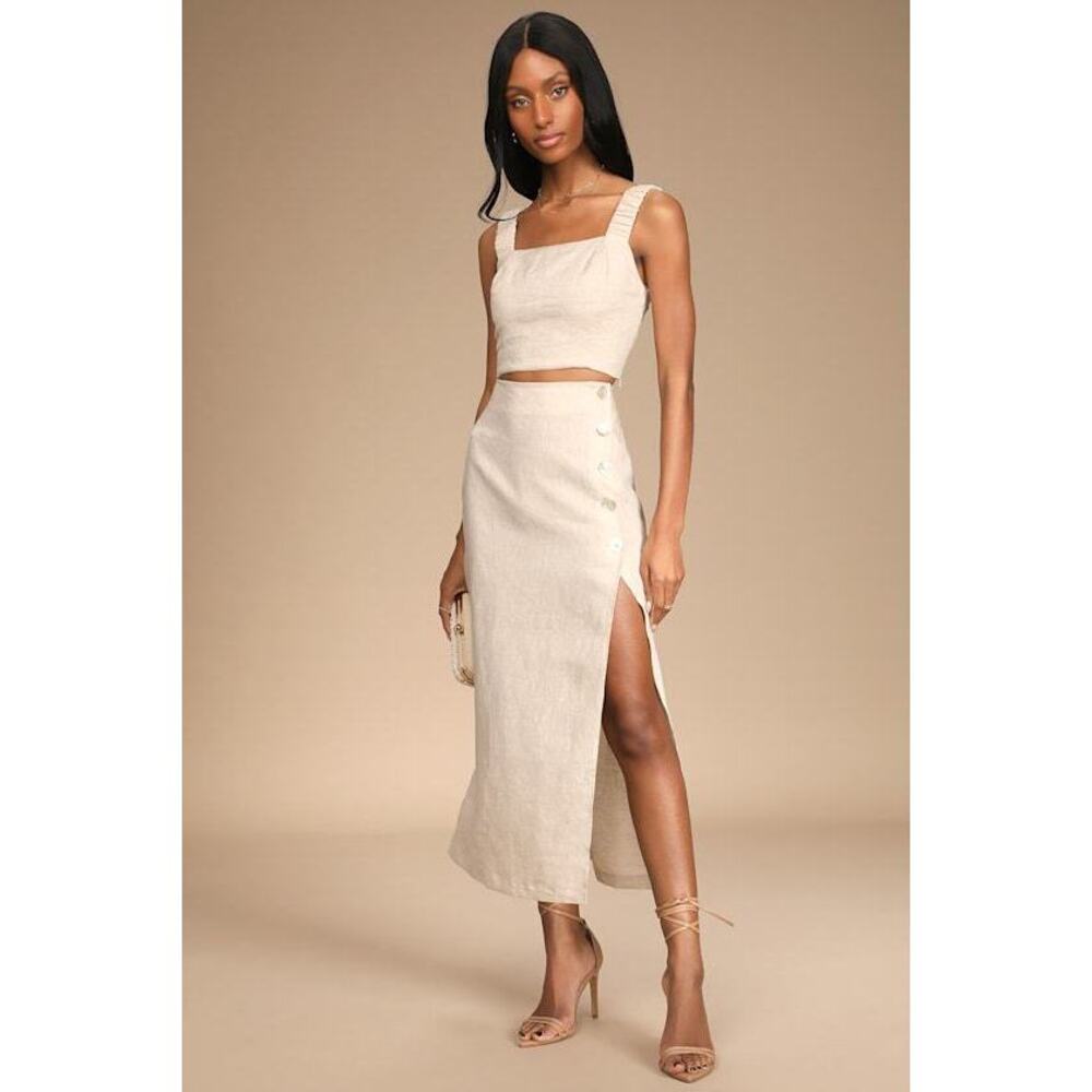 Lulus Caught In Cannes Beige High-waisted Side Button Midi Skirt - M - NWOT